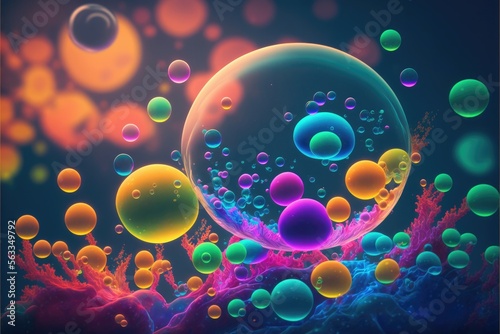 Colorful bubble and coral underwater world. Fantasy fluorescent neon aquatic ocean. Abstract glow in the dark background.