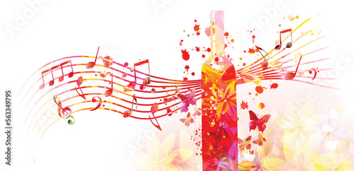 Paring wine and music. Colorful bottle with floral aroma wine and musical notes staff. Alcoholic beverage for celebrations, special occasions and degustation events. Wine making vector illustration