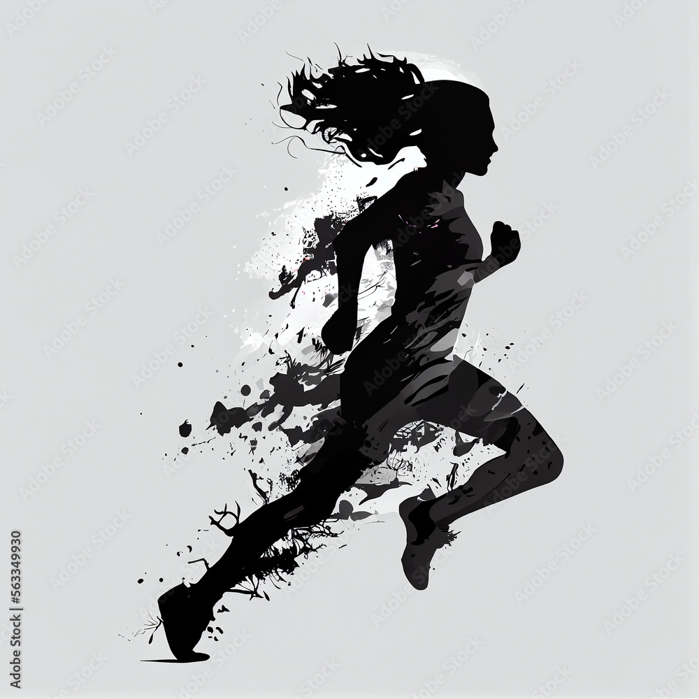 Running girl, woman, silhouette, drawing, high resolution generative ai, sport