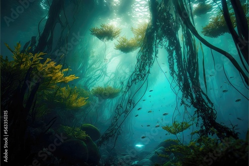 Discovering the underwater jungle. A Dive into a kelp forest. Generative AI