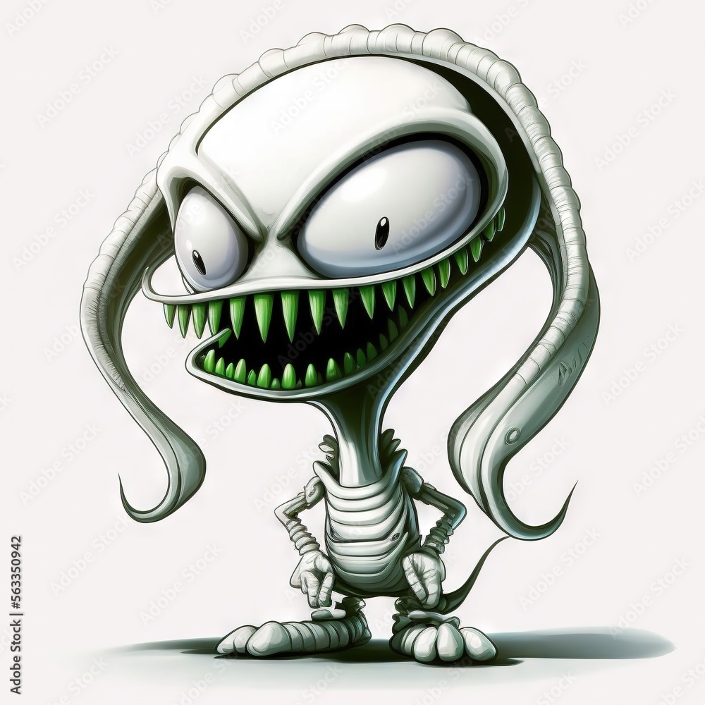 a cartoon alien with a weird face and a weird haircut, sitting down ...