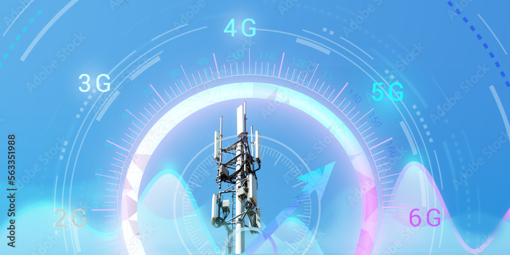 Telecommunication tower with 4G, 5G transmitters. Cellular base station with transmitting antennas on tower on technological background with abstract scales and indication of transmission speed. - obrazy, fototapety, plakaty 