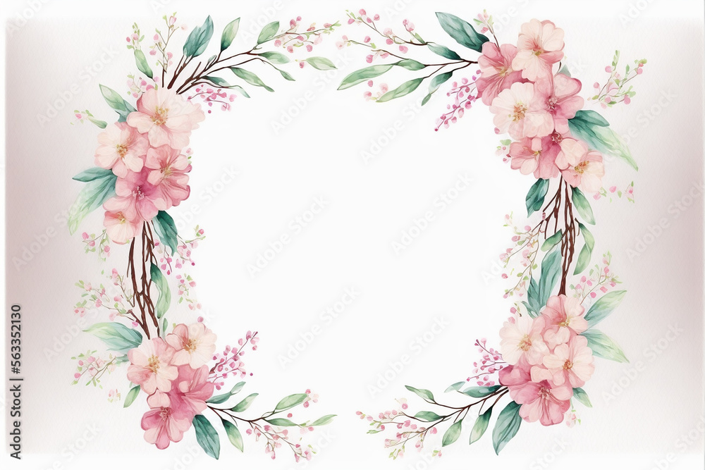 Sakura Pastel Watercolor Border Frame Floral Flower Arrangement Rectangle Isolated White Background Generative AI Technolgy