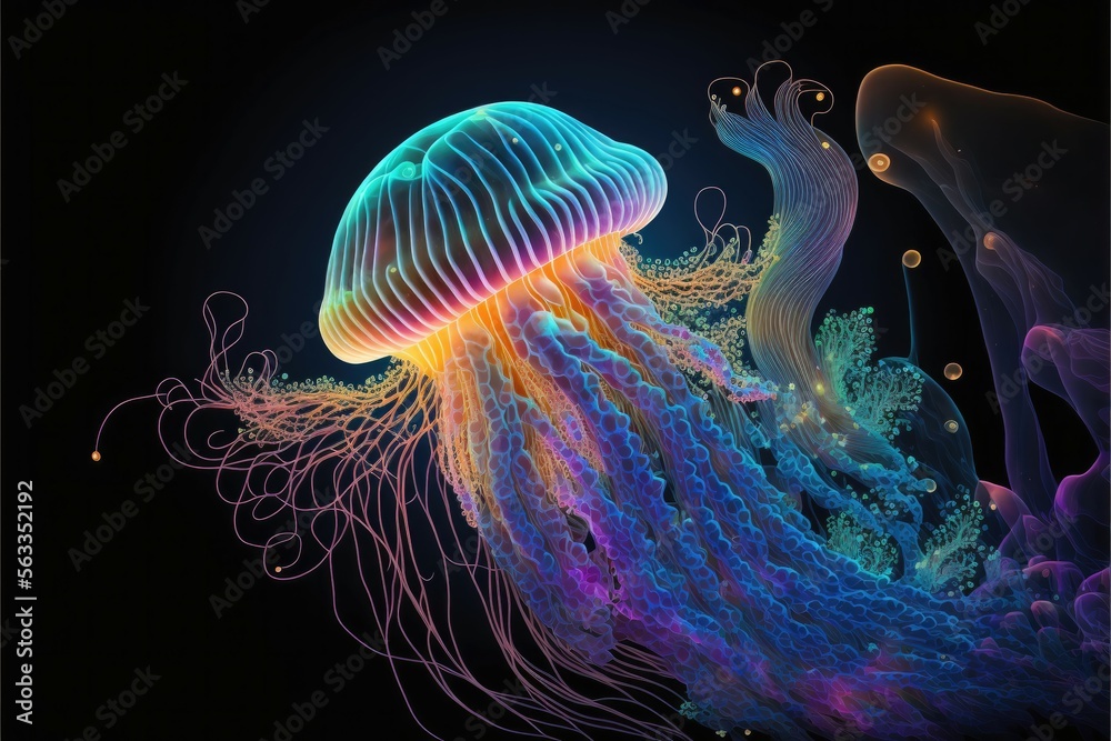 The ethereal beauty of jellyfish in the ocean with coral. Generative AI