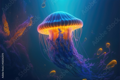 The ethereal beauty of jellyfish in the ocean with coral. Generative AI © Kanisorn
