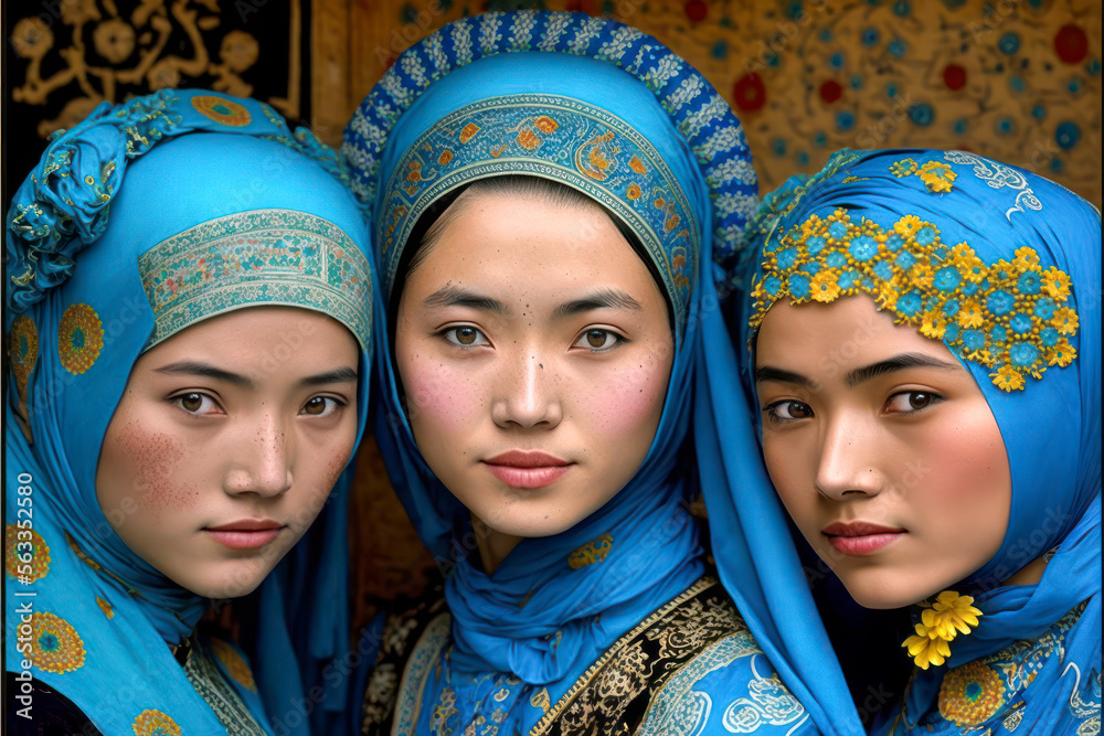 Young Uyghur women with traditional headscarf. Generative AI.