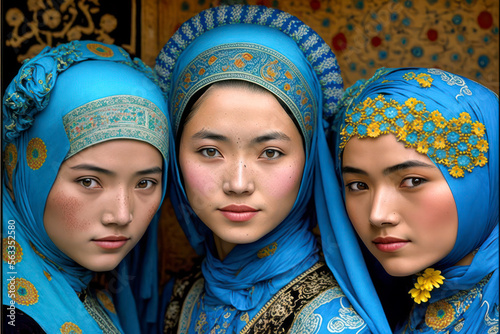 Young Uyghur women with traditional headscarf. Generative AI. photo