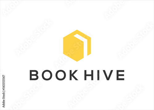 book logo with bee hive honey logo design template