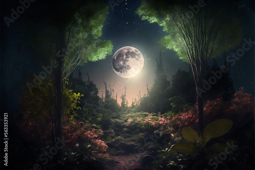 forest with large moonrise garden. Generative Ai