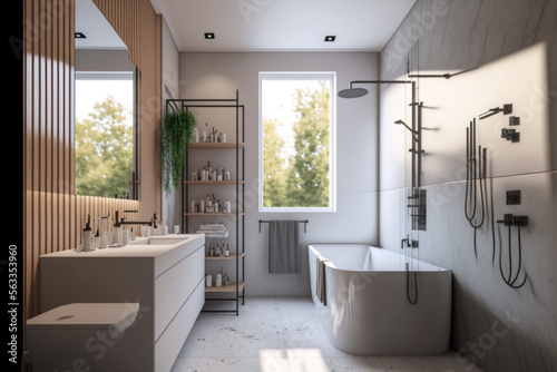 Modern bathroom interior design  Luxury yet minimalist clean  bright and hygienic spacious bathroom with shower  toilets  mirrors  bathtub and natural green plant in a hotel  apartment  or house
