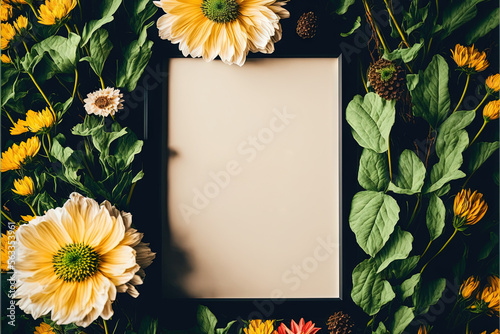  a picture frame surrounded by flowers and plants with the words packh heackch hyshup written on it in black letters on a white paper surrounded by yellow and green leaves., generative ai photo