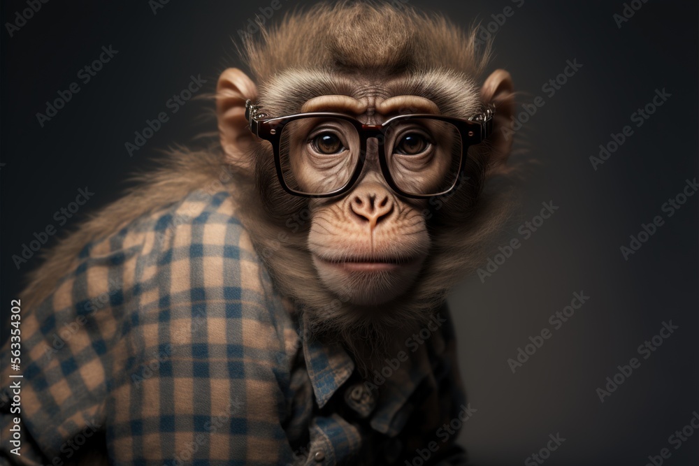 a monkey wearing glasses and a checkered shirt with a tie on it's head