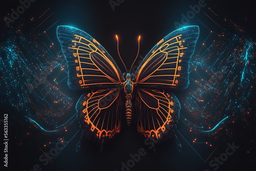 Cyber neon monarch butterfly on abstract background, Generative Ai
