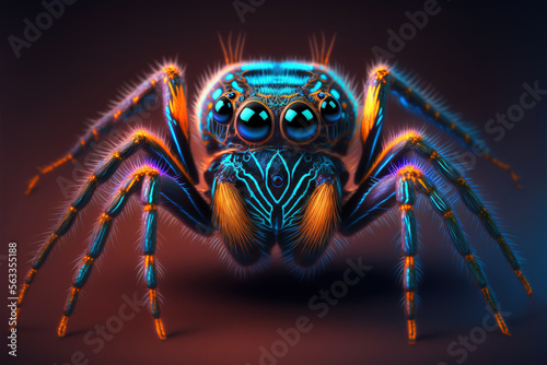 Futuristic neon jumping spider, Generative Ai