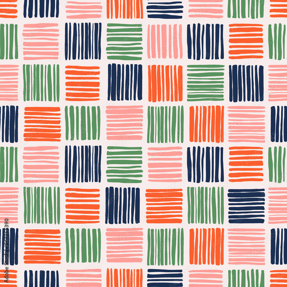 Colorful block stripes seamless repeat pattern. Lined, vector bricks all over suface print on white background.