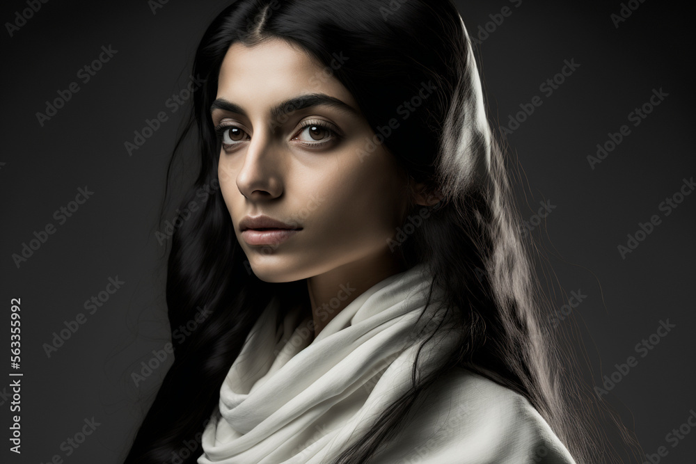 Close-up portrait of a beautiful young hispanic / latina woman with long hair and a white scarf on a dark background, not based on a real person, Generative AI