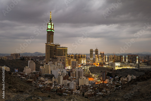 Mecca , Saudi Arabia 13 Jan 2023: Zam zam Tower or Clock Tower - Abraj Al Bait - Masjid Al Haram photo