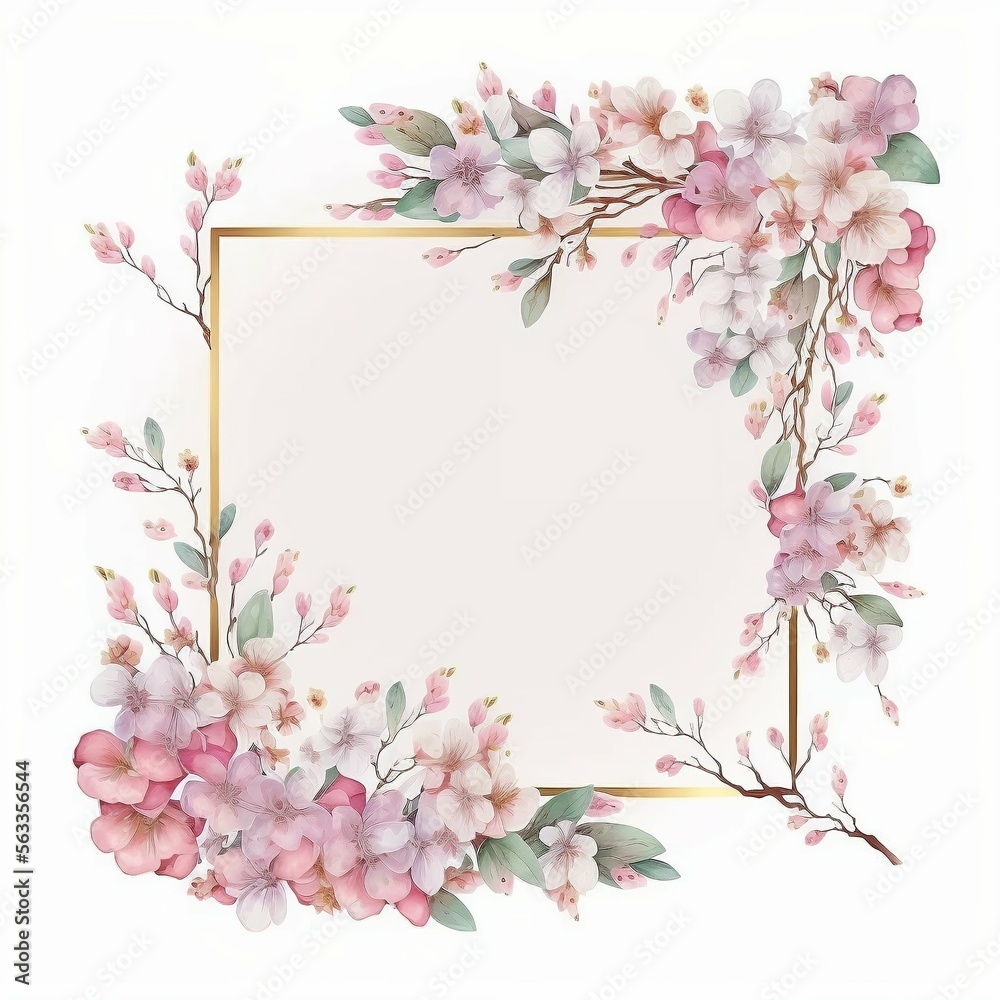 Sakura Watercolor Pastel Floral Wreath Border Frame Wedding Invitation Birthday Celebration Spring Summer Flower Square Isolated White Background Generative AI Technology