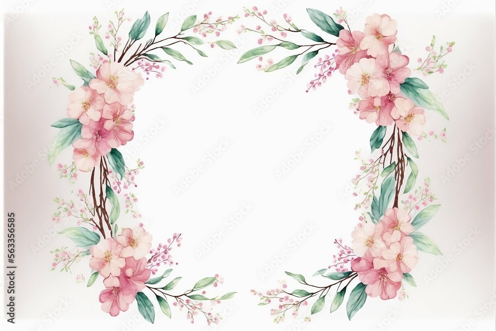 Sakura Watercolor Pastel Floral Wreath Border Frame Wedding Invitation Birthday Celebration Spring Summer Flower Isolated White Background Generative AI Technology