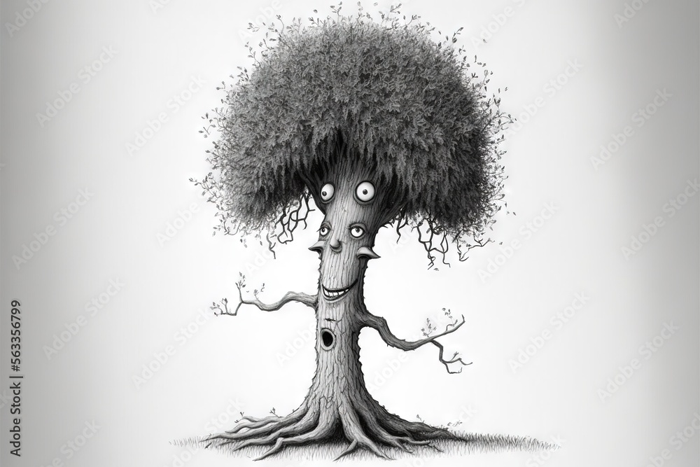 a tree with a face drawn on it's trunk and branches with eyes drawn on ...