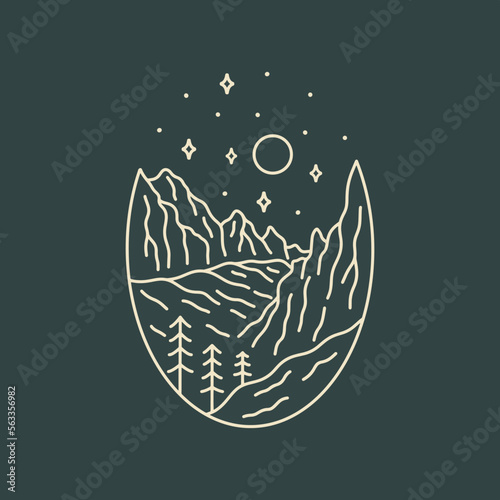 View of Zion National Park with starry sky in mono line art, patch badge, emblem, t-shirt design