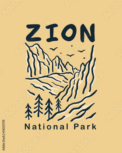 Zion National Park mono line vintage design for t-shirt, sticker and other outdoor design