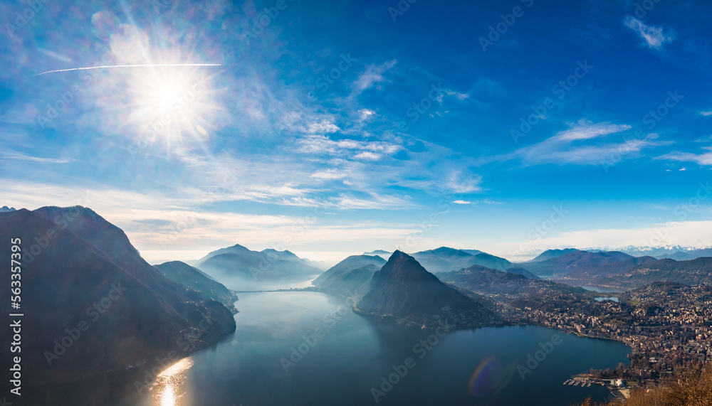 Lugano, Switzerland. Amazing view of the Swiss city, surrounded by lake and mountains.