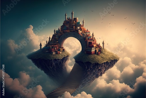 Fotomurale a surreal image of a castle floating in the sky with a ladder leading to it and a staircase leading to the top of the castle in the clouds above the clouds, with birds flying