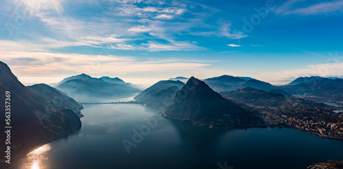 Lugano, Switzerland. Amazing view of the Swiss city, surrounded by lake and mountains.