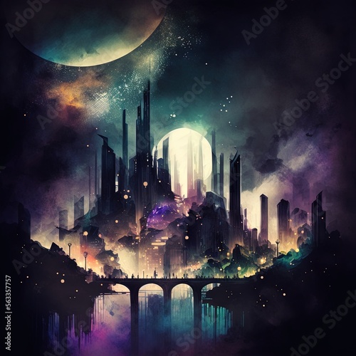  a cityscape with a bridge and a full moon in the background with a bridge in the foreground and a distant city in the background with a full moon in  Generative AI photo