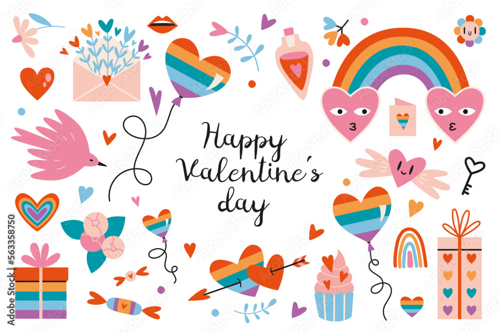 Happy Valentine's Day LGBT elements set. Concept of homosexual love. Romantic objects like hearts, rainbow, cartoon style. Trendy modern vector illustration isolated on white, hand drawn, flat Happy Valentine's Day LGBT elements set. Concept of homosexual love. Romantic objects like hearts, rainbow, cartoon style. Trendy modern vector illustration isolated on white, hand drawn, flat