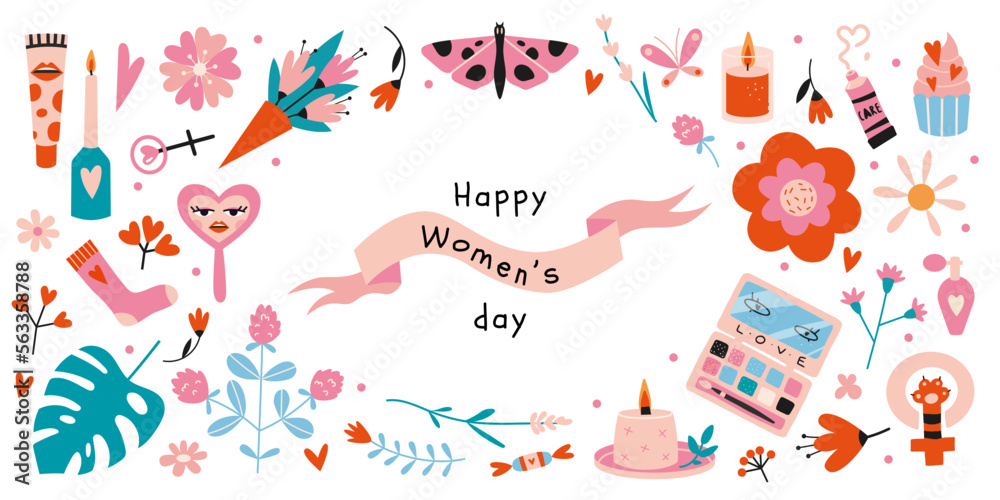 Set of Happy Women's Day elements, cartoon style. Various cute objects like flowers, cosmetics and hearts. Trendy modern vector illustration isolated on white, hand drawn, flat