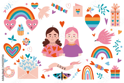 Loving lesbian couple and various lgbt romantic objects around, cartoon style. Concept of homosexual love. Trendy vector illustration isolated on white, hand drawn, flat