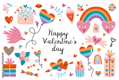 Happy Valentine's Day LGBT elements set. Concept of homosexual love. Romantic objects like hearts, rainbow, cartoon style. Trendy modern vector illustration isolated on white, hand drawn, flat