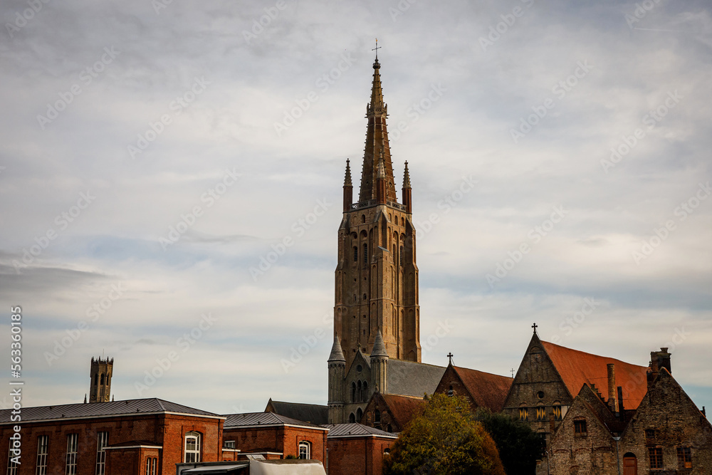Obraz premium Gothic architecture in Flanders. Cathedral tower in Bruges, Belgium.