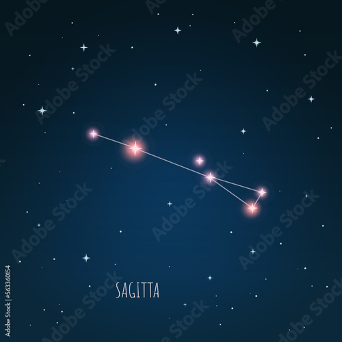 Constellation scheme in starry sky. Open space. Vector illustration Sagitta constellation through a telescope