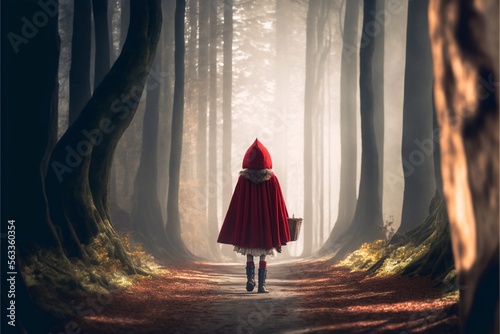 Little red riding hood in magic forest, Generative AI