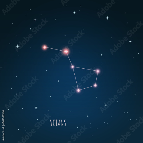 Constellation scheme in starry sky. Open space. Vector illustration Volans constellation through a telescope