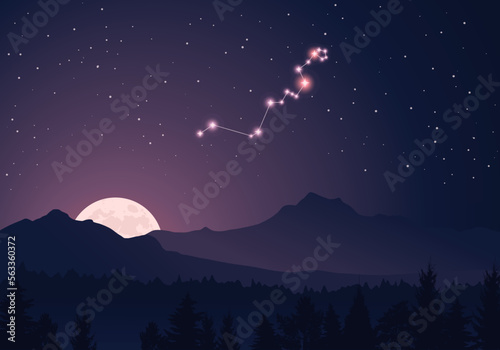 Vector constellation Hydra in dark purple, starry sky. Misty hills, rising moon, dark forest, mountains