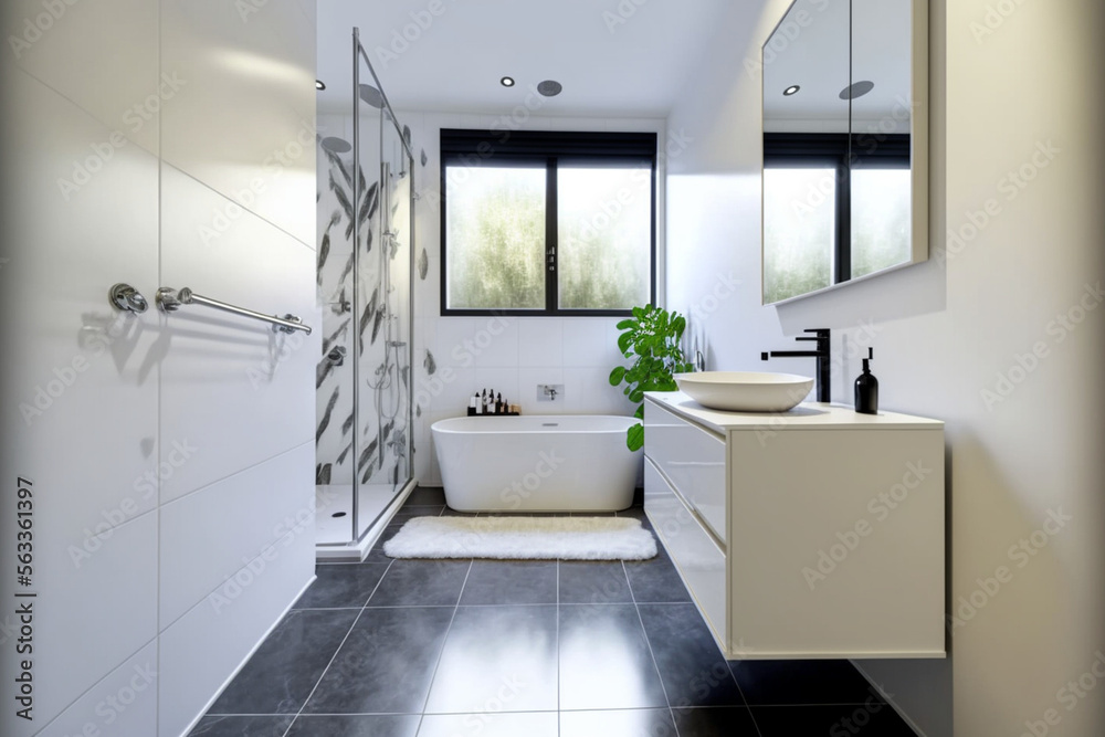 Modern bathroom interior design, Luxury yet minimalist clean, bright and hygienic spacious bathroom with shower, toilets, mirrors, bathtub and natural green plant in a hotel, apartment, or house Modern bathroom interior design, Luxury yet minimalist clean, bright and hygienic spacious bathroom with shower, toilets, mirrors, bathtub and natural green plant in a hotel, apartment, or house