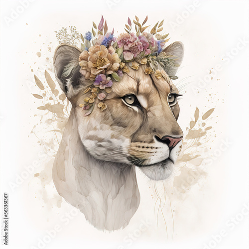 lion in the sun with flowers color art t-short design