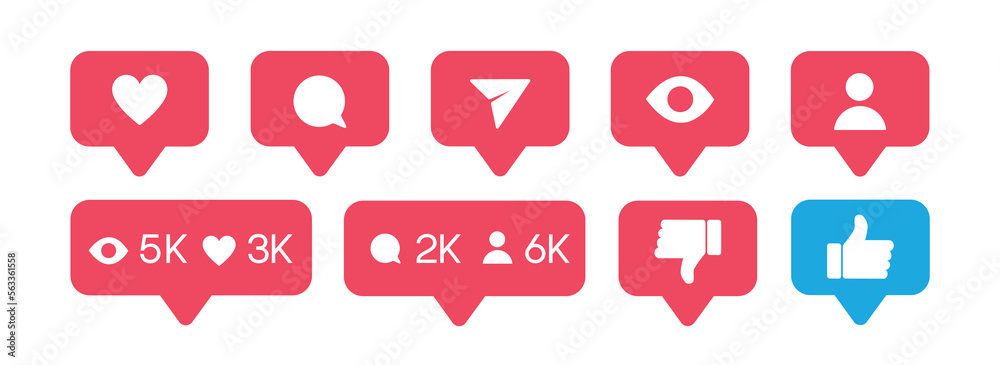 Social media notification flat icons set. Like, comment, follower and view buttons. Vector social media bubble icons. Flat icon 10 eps. - obrazy, fototapety, plakaty 