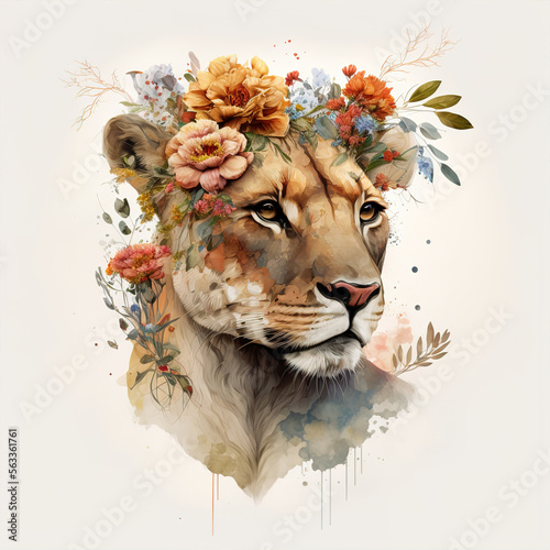lion in the sun with flowers color art t-short design