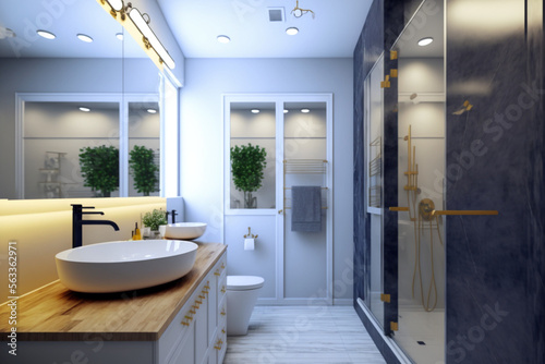 Modern bathroom interior design, Luxury yet minimalist clean, bright and hygienic spacious bathroom with shower, toilets, mirrors, bathtub and natural green plant in a hotel, apartment, or house