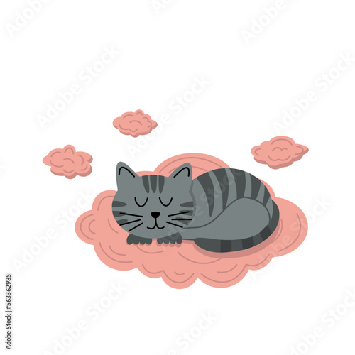 Sleeping gray cat on pink cloud. Flat, cartoon, vector