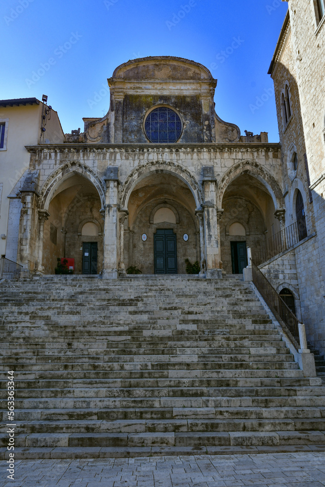 Portico and entrance in the cathedral of Priverno, a medieval town not far from Rome in Italy.
