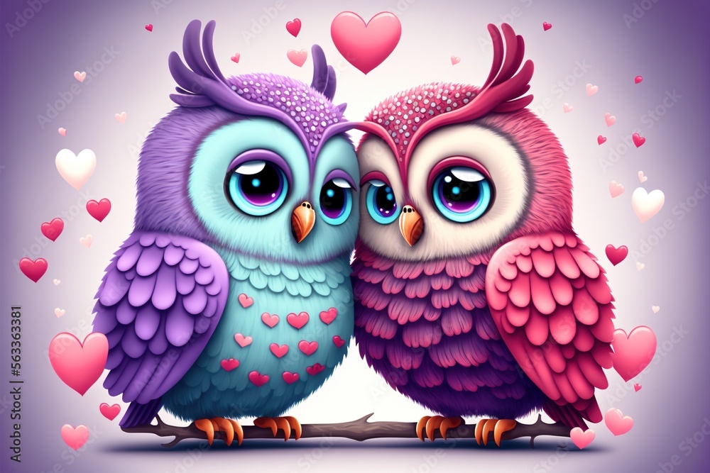 Fototapeta premium Cute owls couple Valentine's Day illustration generative ai