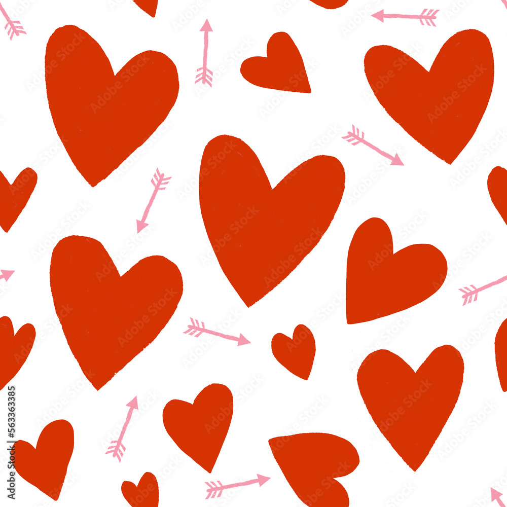 Estampado repetitivo de corazones rojo y flechas. Sin fondo Pattern de San Valentin. Dibujo hecho a mano para el día de los enamorados. Para fondo, superficies, tarjetas del 14 de febrero. 