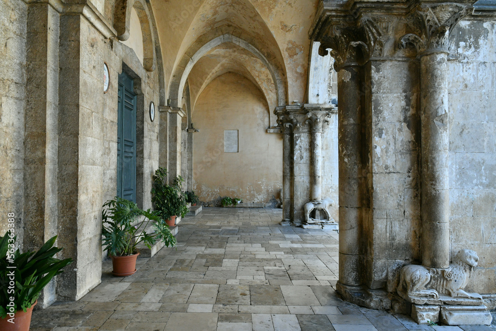 Portico and entrance in the cathedral of Priverno, a medieval town not far from Rome in Italy.