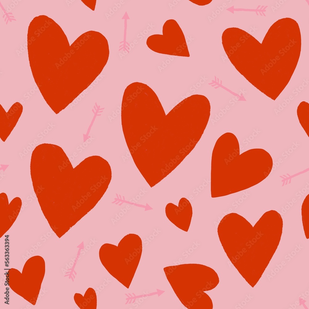 Estampado repetitivo de corazones rojo y flechas .Pattern de San Valentin. Dibujo hecho a mano para el día de los enamorados. Para fondo, superficies, tarjetas del 14 de febrero. 